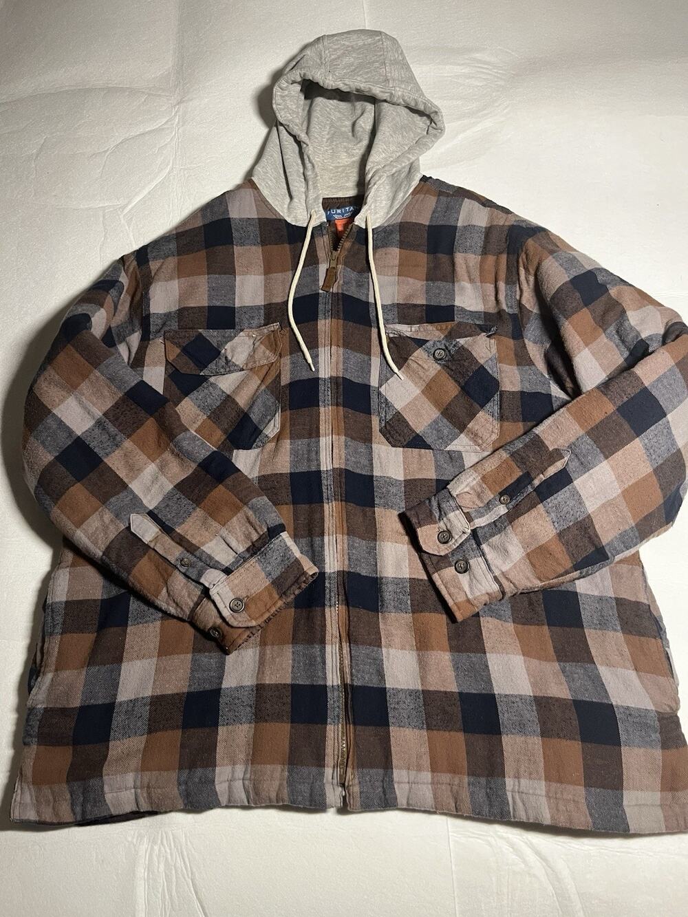 Puritan Mens XL Plaid Flannel Hooded Jacket Full Zip Lined Brown Gray Workwear